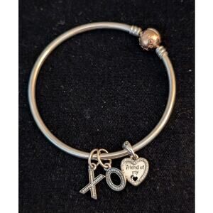 Pandora's Modern Classic Silver Bangle W/ Rose Metal Blend & Three Charms